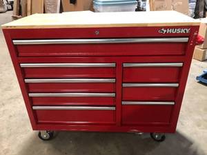 Husky 42 in. W x 18.1 in. D 8-Drawer Red Mobile Workbench Cabinet with Solid Wood Top  Customer Returns See Pictures
