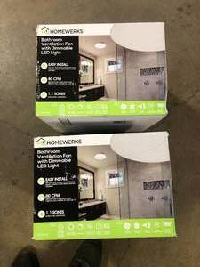 Lot of 2 Homewerks Worldwide Round Decorative White 80 CFM Ceiling and Wall Mounted Bathroom Ventilation Exhaust Fan with Dimmable LED Light Customer Returns See Picture