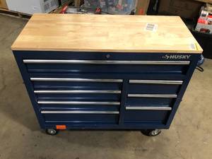 Husky 42 in. W x 18.1 in. D 8-Drawer Blue Mobile Workbench Cabinet with Solid Wood Top  No Keys and Damaged Customer Returns See Pictures