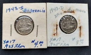 (2) 1943 Australian Silver 6 Pence Coins