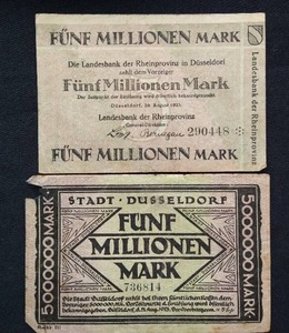 (2) 1923 German 5 Million Mark Hyperinflation Notes