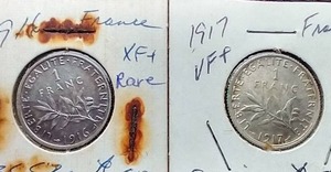 (2) French Silver Franc Coins - 1916 & 1917