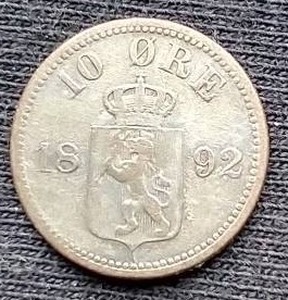 1892 Norwegian Silver 10 Ore Coin