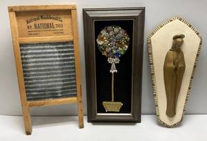 lot 9 image: Vintage Misc. Items Including 1960s-70s Chalkware Religious Plague 7 x 16, Framed Costume Jewelry Art & Small Lingerie Wash Board 8 12 x 18
