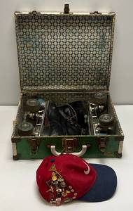 lot 62 image: Vintage Nike Snapback Hat With Misc. Pins & Vintage Roller Skates With Carrying Case
