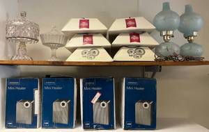 lot 84 image: Misc. Portable Heaters NIB & More (One Blue Lamp Has Cracked Shade And Large Chip At Base)
