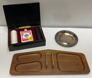 lot 109 image: Wallnut Desk Organizer, Wood Box With Poker Chips & More
