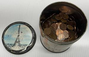 lot 114 image: Vintage Candy Tin With Unsorted Pennies