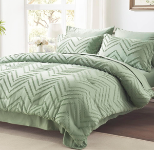 lot 111 image: Anluoer King Bed in a Bag 7 Pieces, Sage Green Tufted Comforter Set