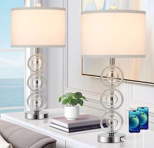 lot 156 image: Set of 2 Modern Silver Table Lamps with 2 USB Charging Ports