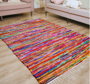 lot 320 image: Chindi Rag Rug 5x7 feet Hand Braided Multicolor Runner Rugs with Decorative Tassels