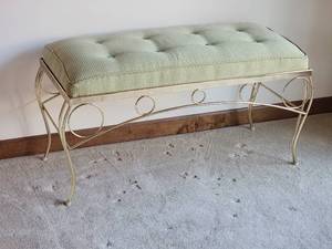 lot 67 image: Stylish Twisted Metal Frame Bench with Charming Light Green Tufted Cushion