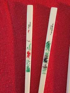 lot 128 image: Breathtaking Antique Bone Carved  Handpainted Chopstick Set (3)