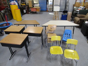 lot 26 image: (2) Trapezoid Tables, (3)  Desks & (8) Student Chairs