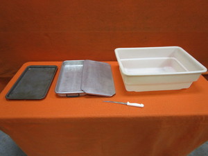 lot 173 image: Alum Cake Pan, Cookie Sheet, Poly Prep Bin, Knife