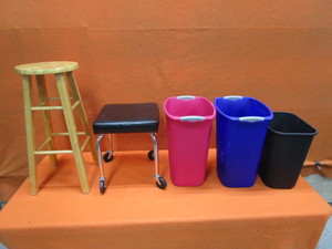 lot 96 image: Bar Stool, Rolling Stool, Trash Cans