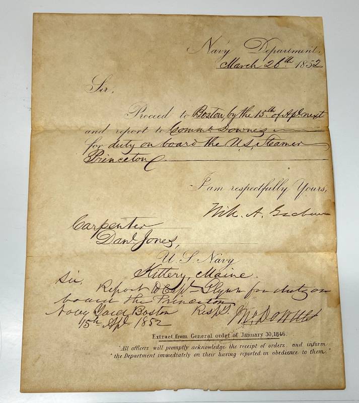 lot 140 image: Antique 1852 Navy Department Command Letter Commanding Soldier to report to the U.S. Steamer Princeton (VERY RARE) With Research Info