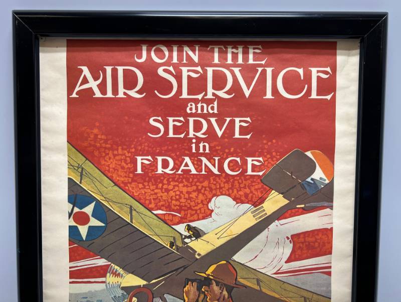 lot 209 image: Framed 1960s J. Paul Verrees Repro Join The Air Service And Serve in France Do It Now  Military Book CLub Poster 18 x 22 (Pinholes Present In Corners)