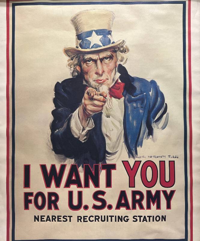 lot 211 image: Framed 1960s James Montgomery Flagg Repro I WANT YOU FOR U.S. ARMY Nearest Recruiting Station Military Book CLub Poster 18 x 22 (Pinholes Present In Corners)