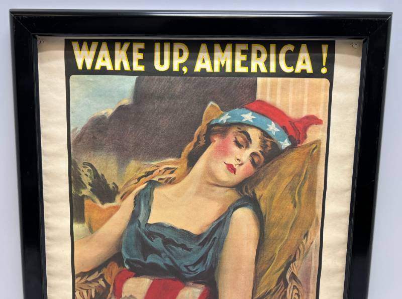 lot 212 image: Framed 1960s Repro Wake Up, America Civilization Calls Every Man Woman And Child  Military Book CLub Poster 18 x 22 (Pinholes Present In Corners)