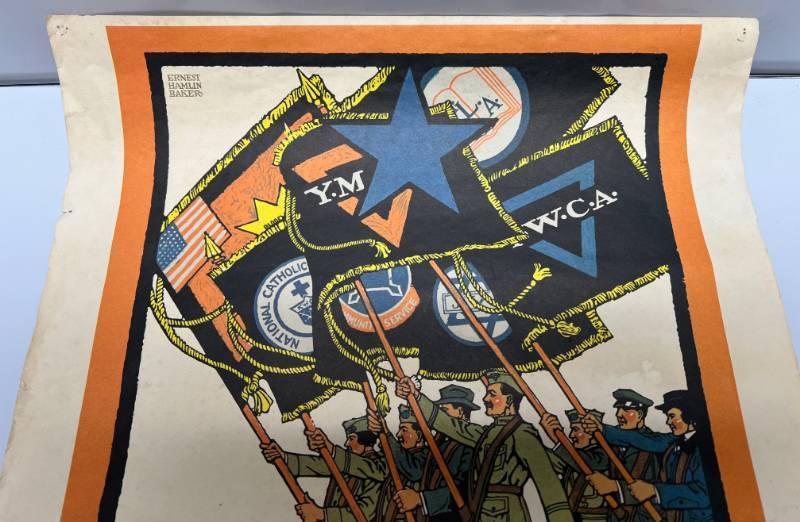 lot 214 image: 1960s Repro ERNEST HAMLIN BAKERUnited Behind The Service Star (UNITED WAR WORK CAMPAIGN) Military Book CLub Poster 16 x 20 (Pinholes Present In Corners)