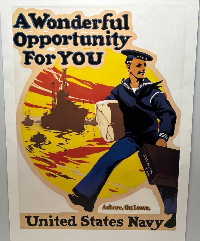 lot 215 image: Vintage Poster Print A Wonderful Opportunity For You Ashore, On Leave United States Navy 23 x 35