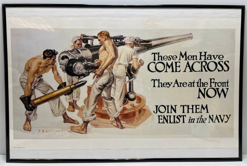 lot 218 image: Vintage Framed Poster Print These Men Have Come Across They Are AT The Front Now Join Them Enlist In The Navy  18 34 x 33 