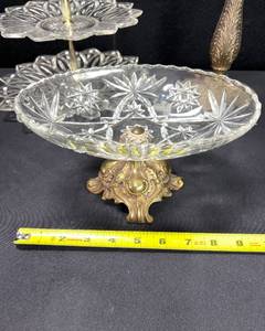 lot 1365 image: CUT GLASS CANDY SERVERS AND 3 TIERED SERVING TRAY