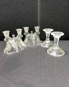 lot 1366 image: ANCHOR HOCKING STAR OF DAVID DOUBLE CANDLE HOLDER AND SET OF GLASS CANDLE STICKS