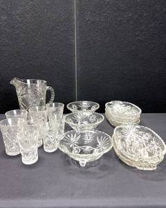 lot 1370 image: PITCHER WITH GLASSES, 3 FOOTED CANDY DISHES, 5 DIVIDED SERVING DISH LOT