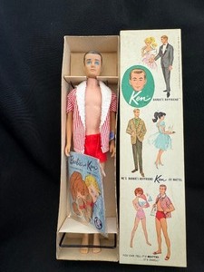 lot 161 image: Vintage Ken Doll Brunette Straight Leg WBox Stand Barbie Mattel 1960s #750