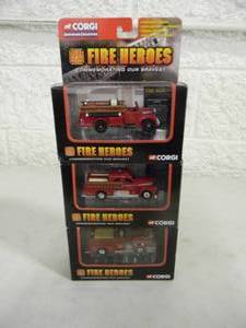 3 - CORGI FIRE HEROES Die-Cast - AMERICAN LA FRANCE BETHPAGE F.D. - MACK B OPEN PUMPER BOSTON F.D. & SEAGRAVE SEDAN PUMPER SAN FRANCISCO - IN BOX - GREAT PIECES - SEE PICTURES