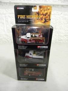 3- CORGI FIRE HEROES Die-Cast - MACK BREAKDOWN TRUCK - GMC FIRE PUMPER Chicago F.D. & FORD FIRE PUMPER - IN BOX - GREAT PIECES - SEE PICTURES