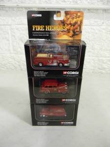 3- CORGI FIRE HEROES Die-Cast - AMERICAN LA FRANCE BETHPAGE F.D. - CHEVROLET CAR FIRE CHIEF & PONTIAC VAN FIRE SUPPORT - IN BOX - GREAT PIECES - SEE PICTURES