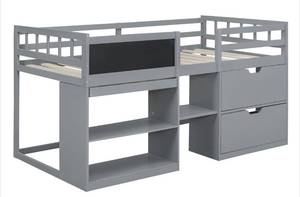 lot 116 image: EMMA MASON Twin Low Loft Bed w Rolling Desk, Shelf & Drawers - Gray