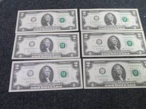 lot 273 image: 6- Sequential, Uncirculated $2 Bill...
