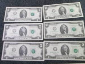 lot 276 image: 6- Sequential, Uncirculated $2 Bill...