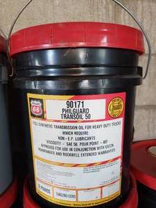 lot 103 image: new unopened 5 gal bucket of synthetic transmission oil for heavy duty trucks TRANSOIL 50