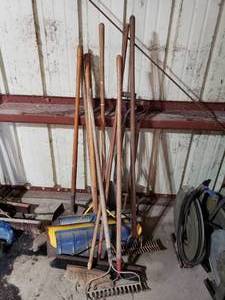 lot 292 image: large lot of rakes, brooms and shovels
