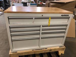 lot 20 image: Husky Tool Storage 46 in. W Standard Duty Gloss White Mobile Workbench Cabinet with Solid Top Full Length Extension Table Customer Returns See Pictures