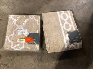 lot 39 image: Lot of 2 Jean Pierre Washable Non-Skid Beige and White 2 ft. 2 in. x 8 ft. Trellis Runner Rug  Customer Returns See Pictures