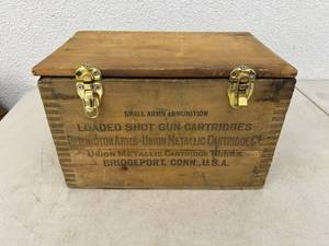 lot 64 image: Wood Ammo Box & Casings