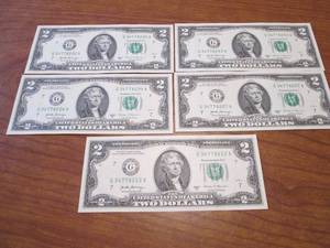 5 Uncirculated sequentially numbered $2.00 bills