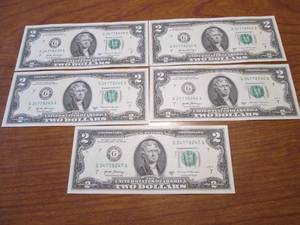 5 Uncirculated sequentially numbered $2.00 bills