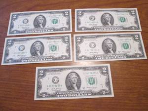 5 Uncirculated sequentially numbered $2.00 bills