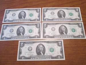 5 Uncirculated sequentially numbered $2.00 bills