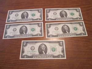 5 Uncirculated sequentially numbered $2.00 bills