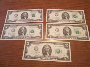 5 Uncirculated sequentially numbered $2.00 bills