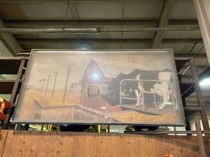 huge lighted dairy farm and cow  painting in a display case  48 tall x 92 long