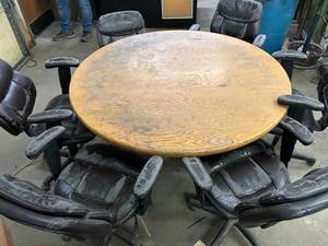 Lunch Room table and 6 swivel on wheels chairs